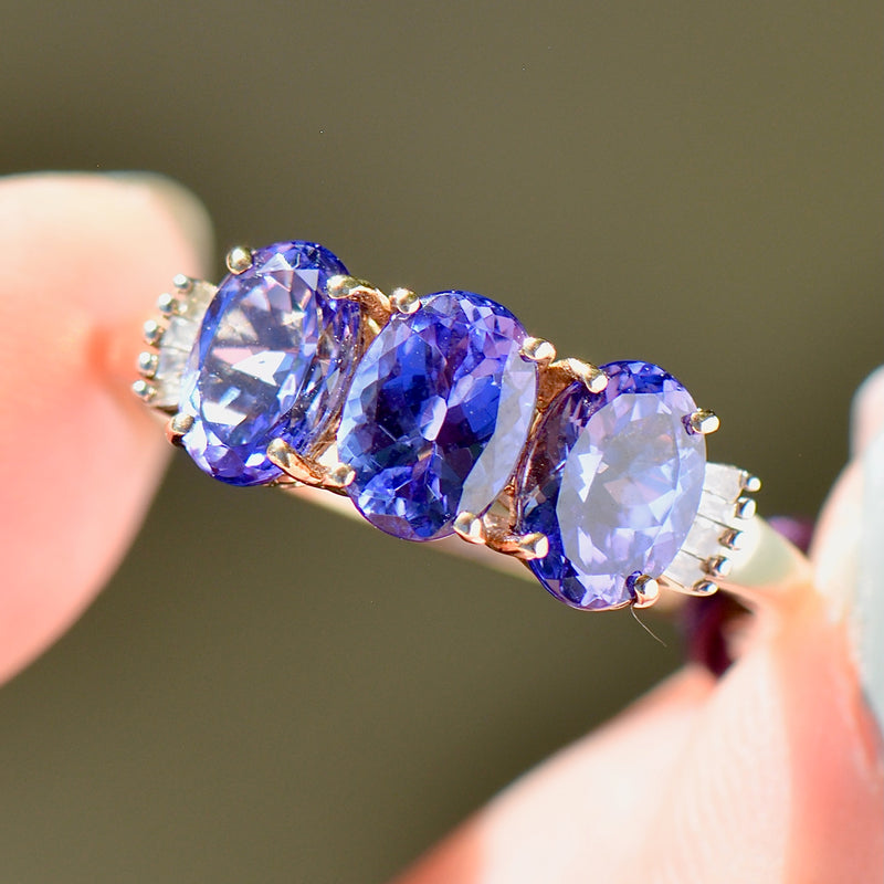 AAA Tanzanite and Diamond 9ct Yellow Gold Trilogy Ring (2.51cts)