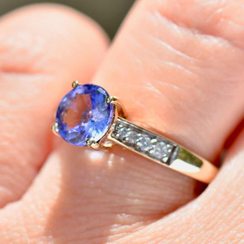 AAA Tanzanite and Diamond 9ct Yellow Gold Solitaire With Accents Ring (1.47cts)