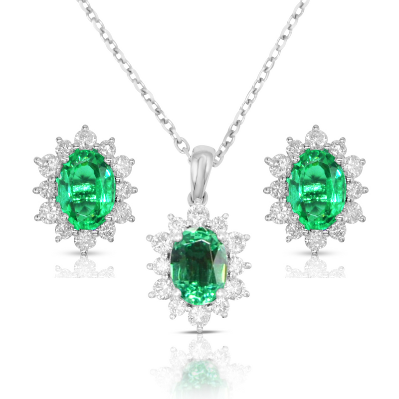 Lab-grown Diamond 0.82ct and Lab-Grown Emerald 2.44ct Jewellery Set in 9ct White Gold