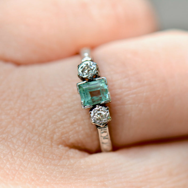 Art Deco 18CT Yellow Gold & Platinum Trilogy Aquamarine & Diamond Engagement Ring