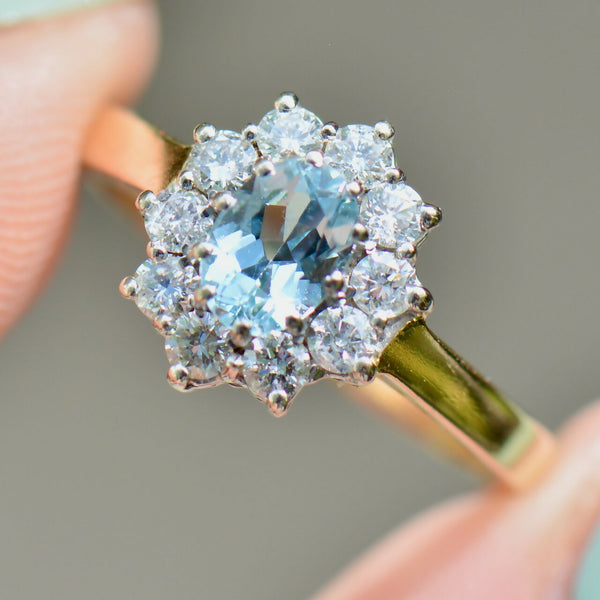 Vintage Aquamarine & Diamond 18ct Gold Halo Engagement Ring (1.35cts)