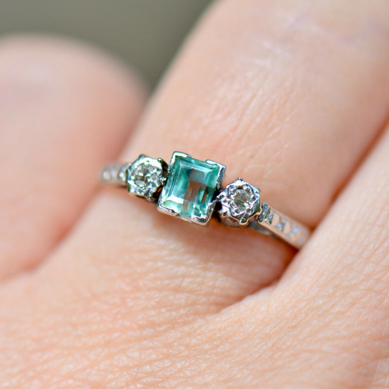 Art Deco 18CT Yellow Gold & Platinum Trilogy Aquamarine & Diamond Engagement Ring