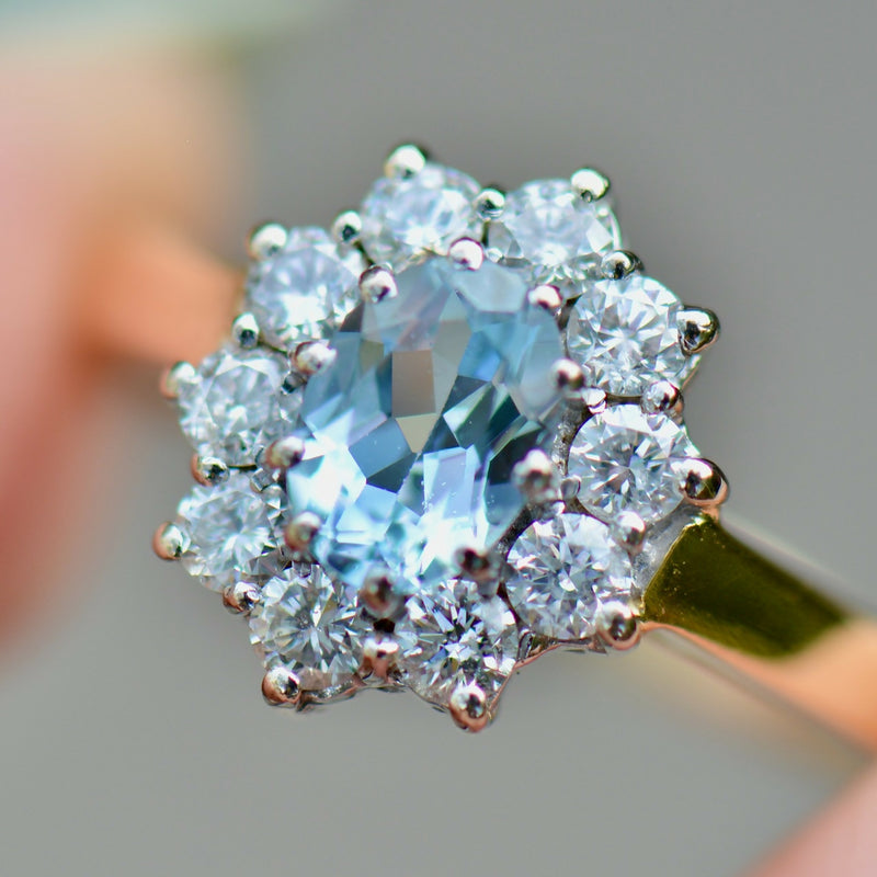 Vintage Aquamarine & Diamond 18ct Gold Halo Engagement Ring (1.35cts)