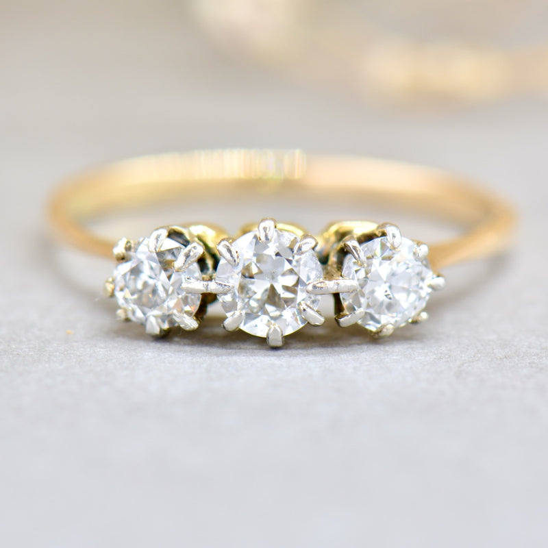 Art Deco Old European Cut Diamond 18ct Yellow Gold Trilogy Engagement Ring (0.67ct)