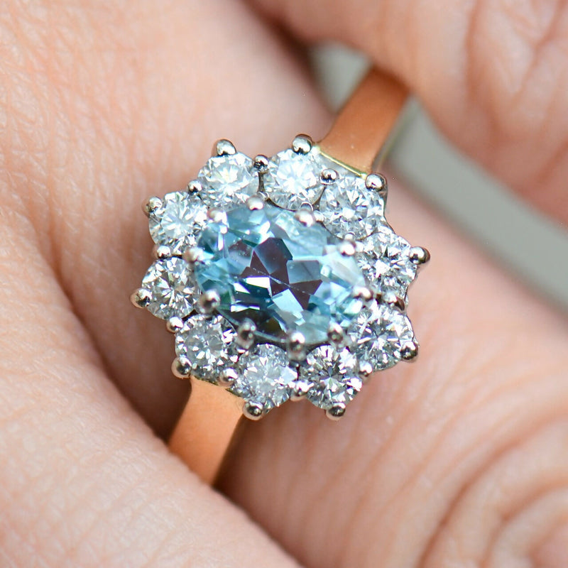 Vintage Aquamarine & Diamond 18ct Gold Halo Engagement Ring (1.35cts)