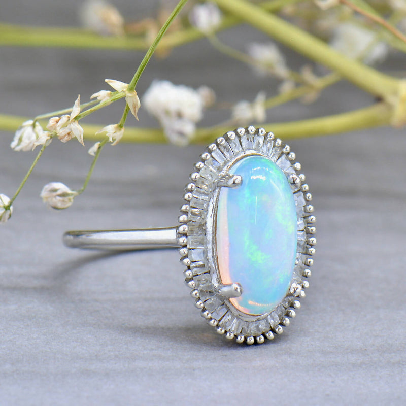 Vintage Genuine Crystal Opal and Diamond Silver Ballerina Ring