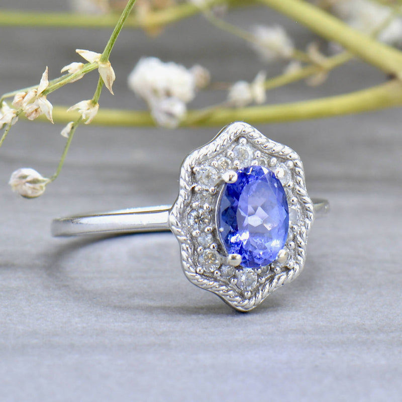 Tanzanite and White Zircons Silver Cluster Ring