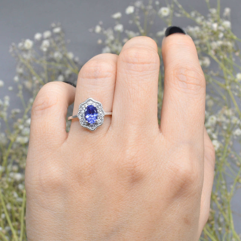 Tanzanite and White Zircons Silver Cluster Ring