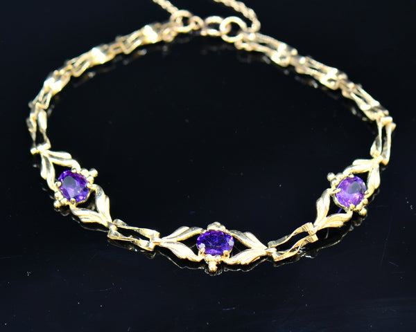 Vintage 9CT Yellow Gold Amethyst Art Nouveau Style Gate Bracelet