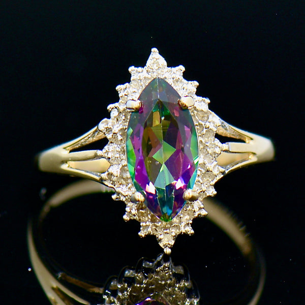 Mystic Topaz & Diamond 9ct Yellow Gold Marquise Halo Ring