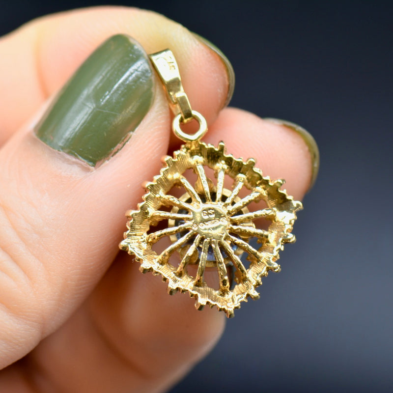 Vintage 1970s 9CT Yellow Gold Starburst Brutalist Synthetic Blue Spinel Pendant