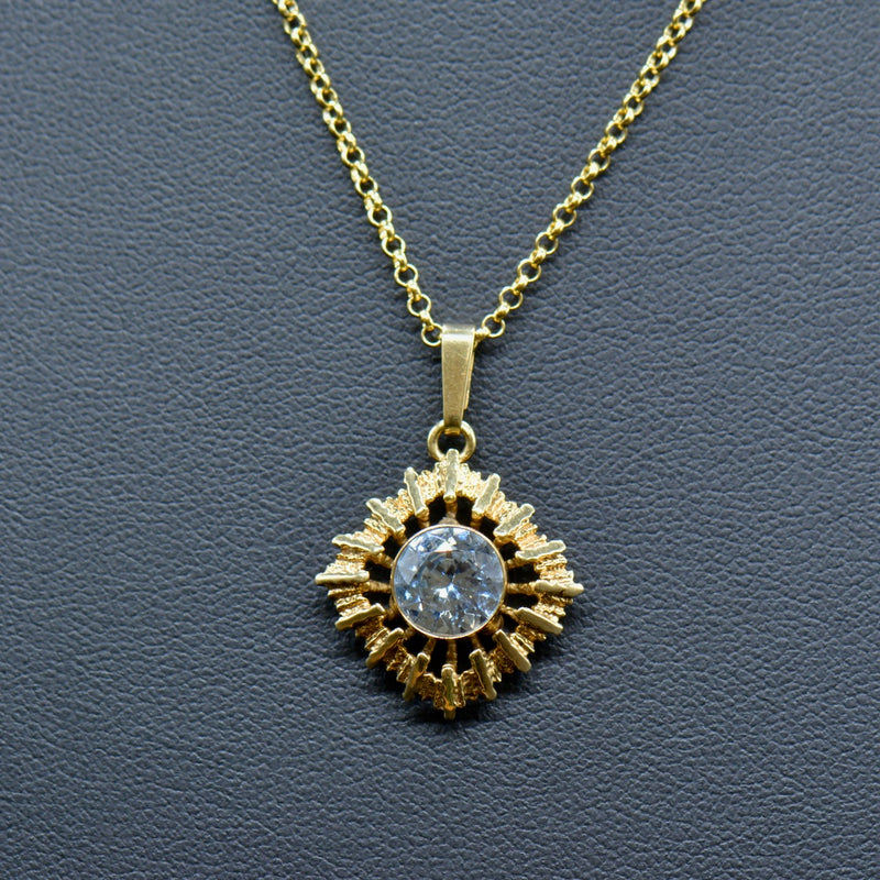 Vintage 1970s 9CT Yellow Gold Starburst Brutalist Synthetic Blue Spinel Pendant