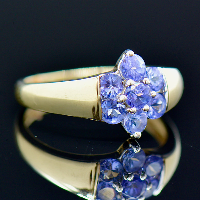 9CT Yellow Gold Tanzanite Flower Floral Cluster Ring