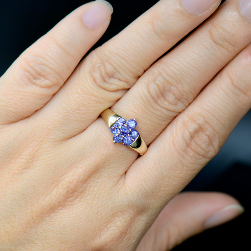 9CT Yellow Gold Tanzanite Flower Floral Cluster Ring