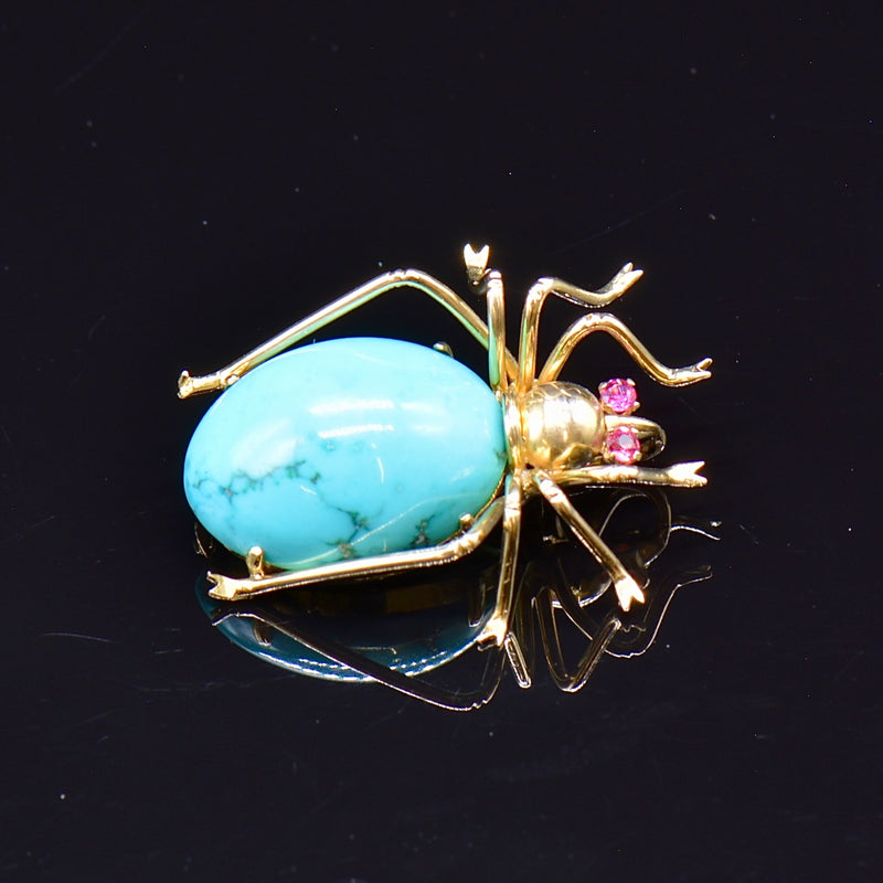 Antique Turquoise and Ruby 18ct Yellow Gold Spider Pendant / Brooch