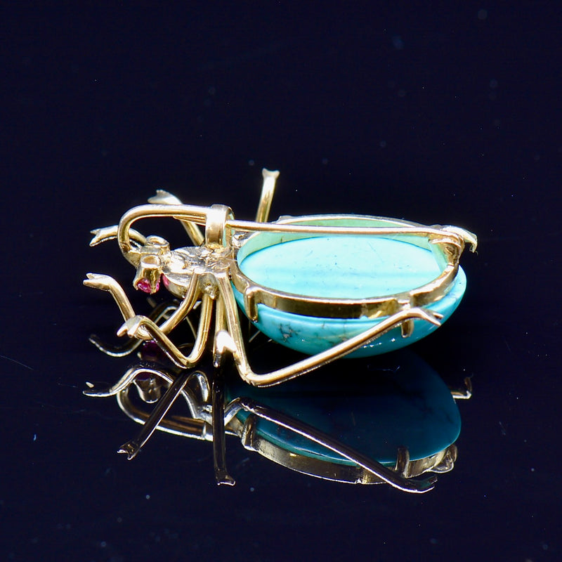 Antique Turquoise and Ruby 18ct Yellow Gold Spider Pendant / Brooch