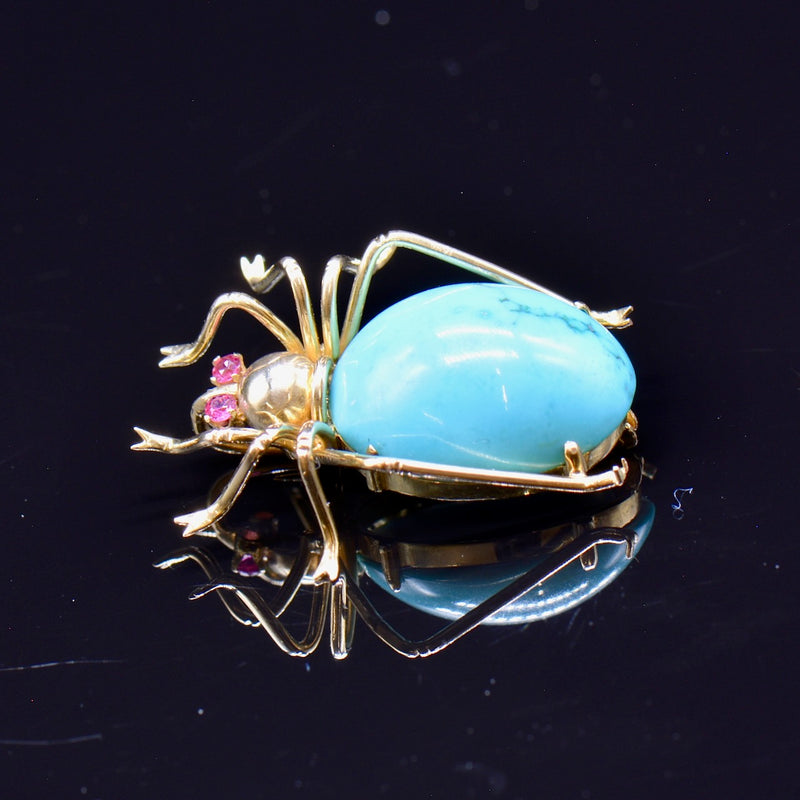 Antique Turquoise and Ruby 18ct Yellow Gold Spider Pendant / Brooch