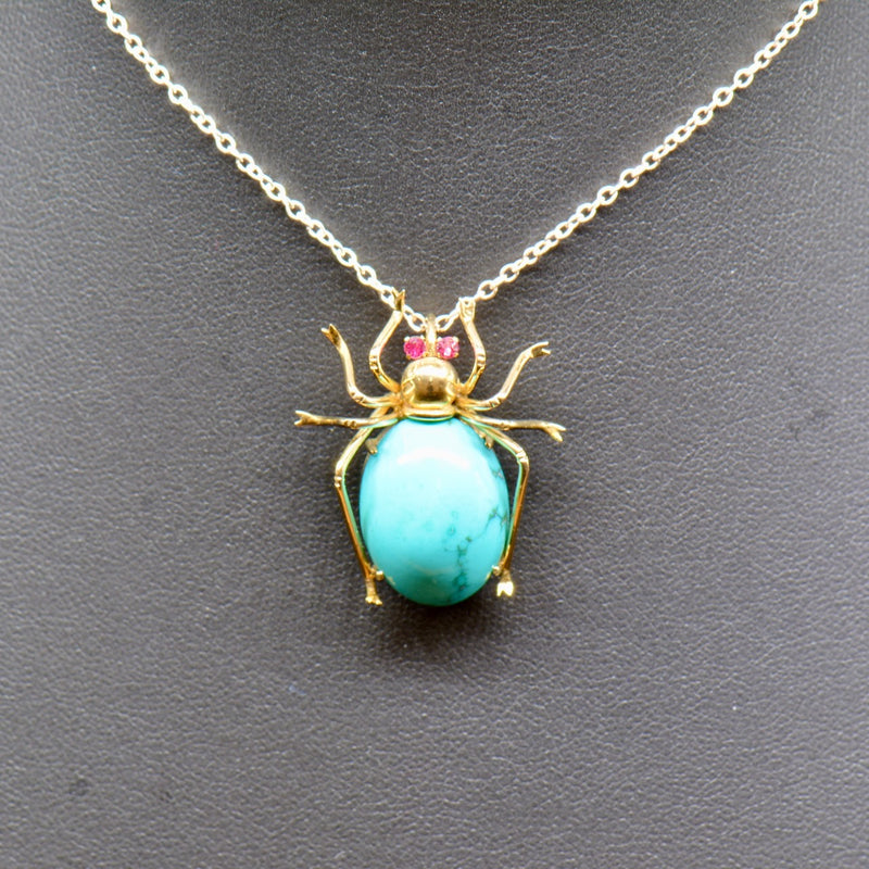 Antique Turquoise and Ruby 18ct Yellow Gold Spider Pendant / Brooch