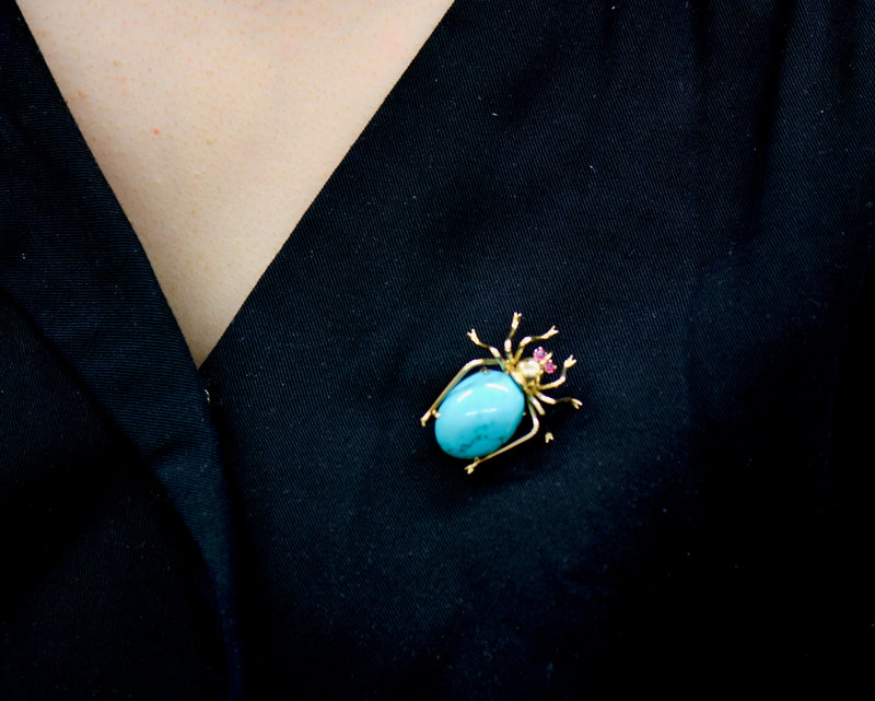 Antique Turquoise and Ruby 18ct Yellow Gold Spider Pendant / Brooch