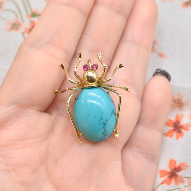 Antique Turquoise and Ruby 18ct Yellow Gold Spider Pendant / Brooch