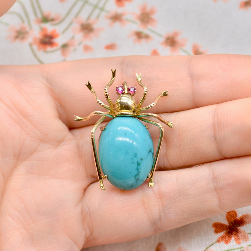 Antique Turquoise and Ruby 18ct Yellow Gold Spider Pendant / Brooch