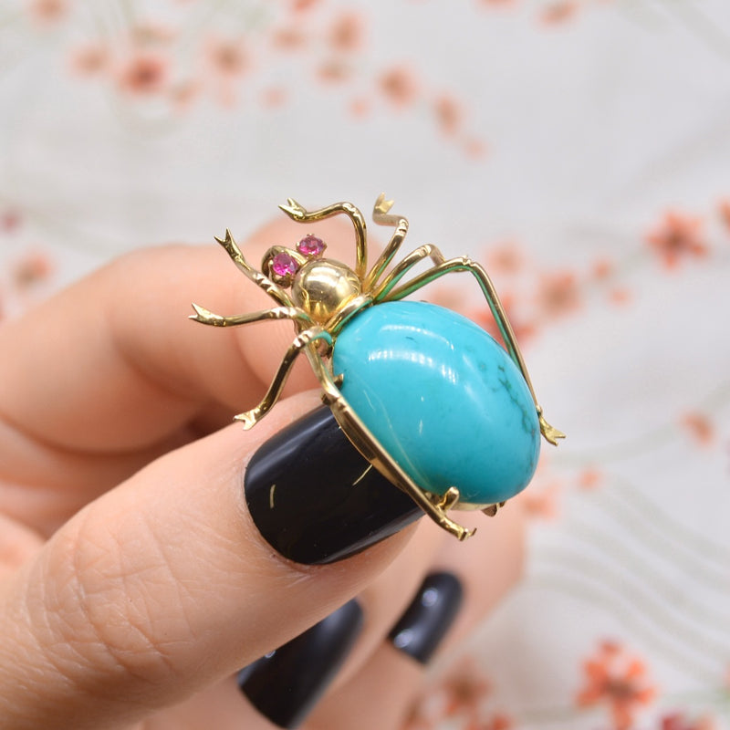 Antique Turquoise and Ruby 18ct Yellow Gold Spider Pendant / Brooch