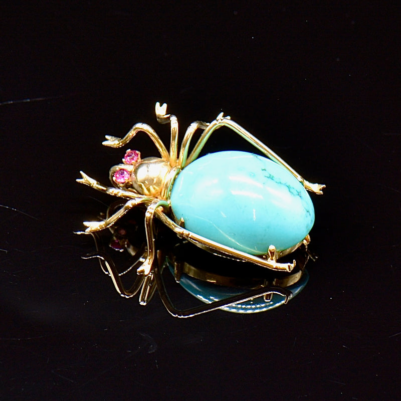 Antique Turquoise and Ruby 18ct Yellow Gold Spider Pendant / Brooch