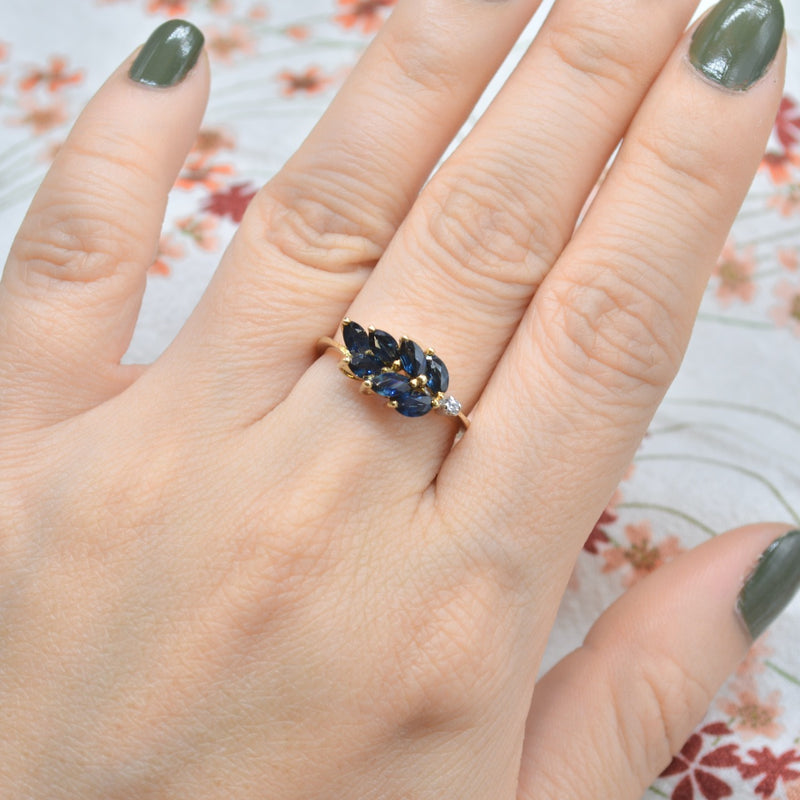 Vintage Blue Sapphire & Diamond Leaf Motif Ring