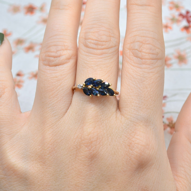 Vintage Blue Sapphire & Diamond Leaf Motif Ring