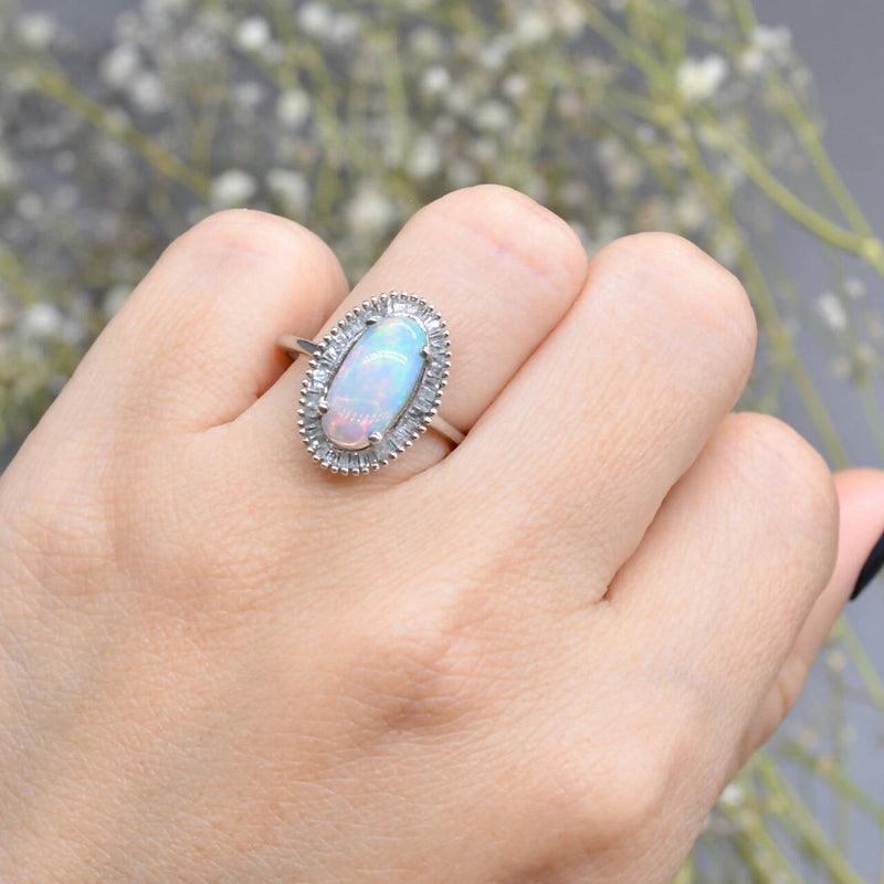 Vintage Genuine Crystal Opal and Diamond Silver Ballerina Ring