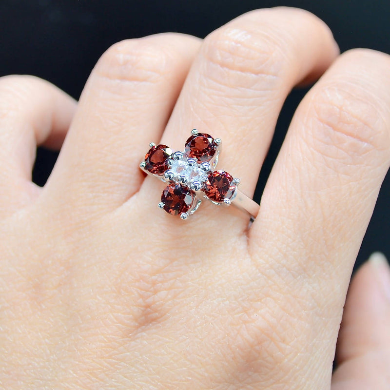 Garnet & White Topaz Flower Cluster Ring