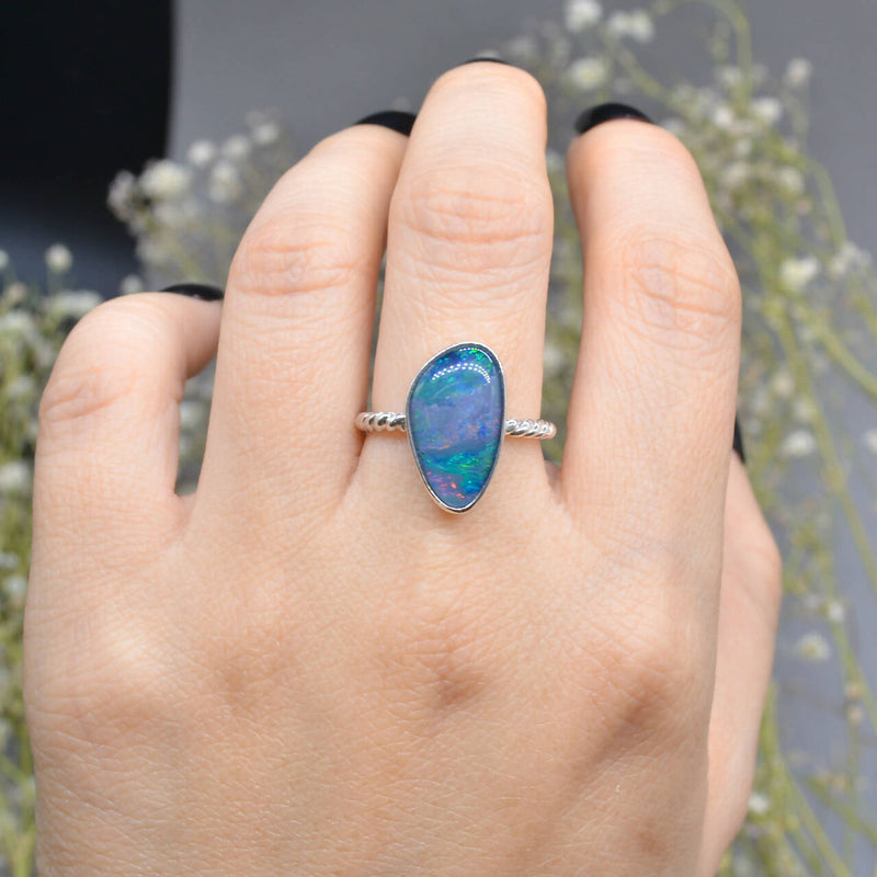 Vintage Genuine Boulder Opal Triplet Silver Twist Band Ring