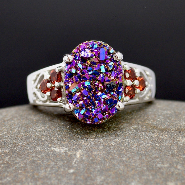 Purple Drusy & Rhodolite Garnet Sterling Silver Ring