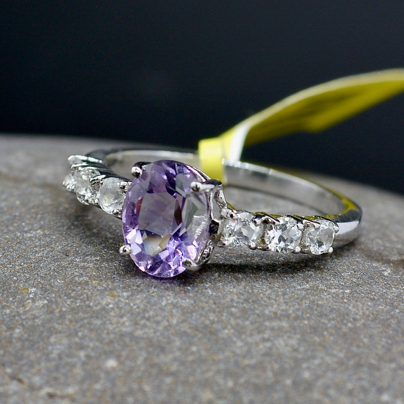 Amethyst & White Topaz Sterling Silver Ring