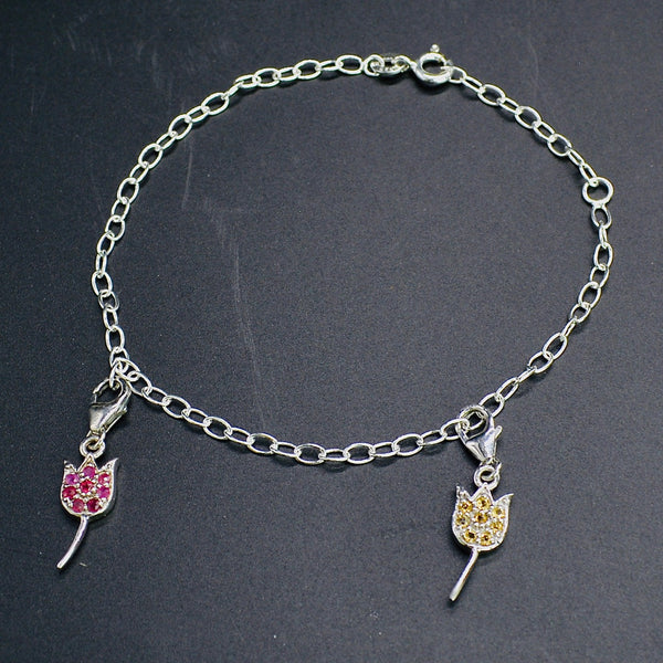 Ruby and Citrine Tulip Silver Charm Link Bracelet