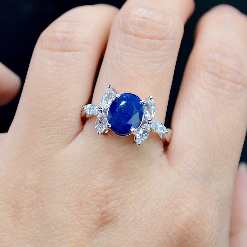 Blue Sapphire & White Topaz Sterling Silver Ring