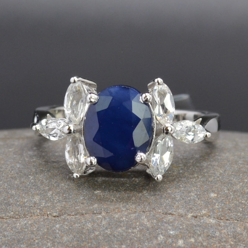 Blue Sapphire & White Topaz Sterling Silver Ring