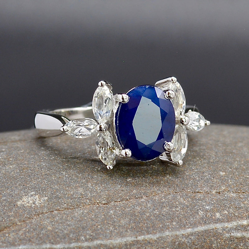 Blue Sapphire & White Topaz Sterling Silver Ring