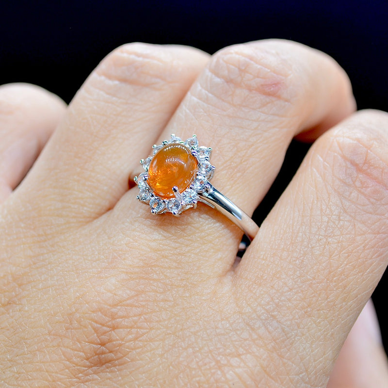 Natural American Fire Opal & White Topaz Halo Silver Ring