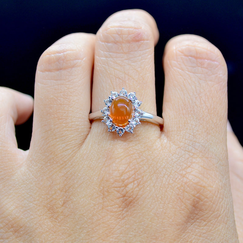 Natural American Fire Opal & White Topaz Halo Silver Ring