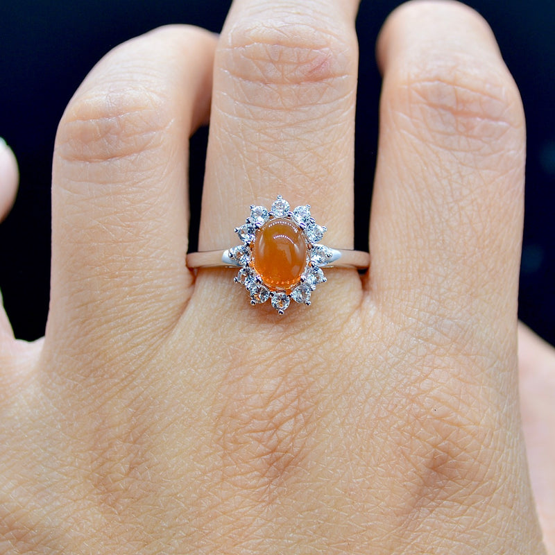 Natural American Fire Opal & White Topaz Halo Silver Ring