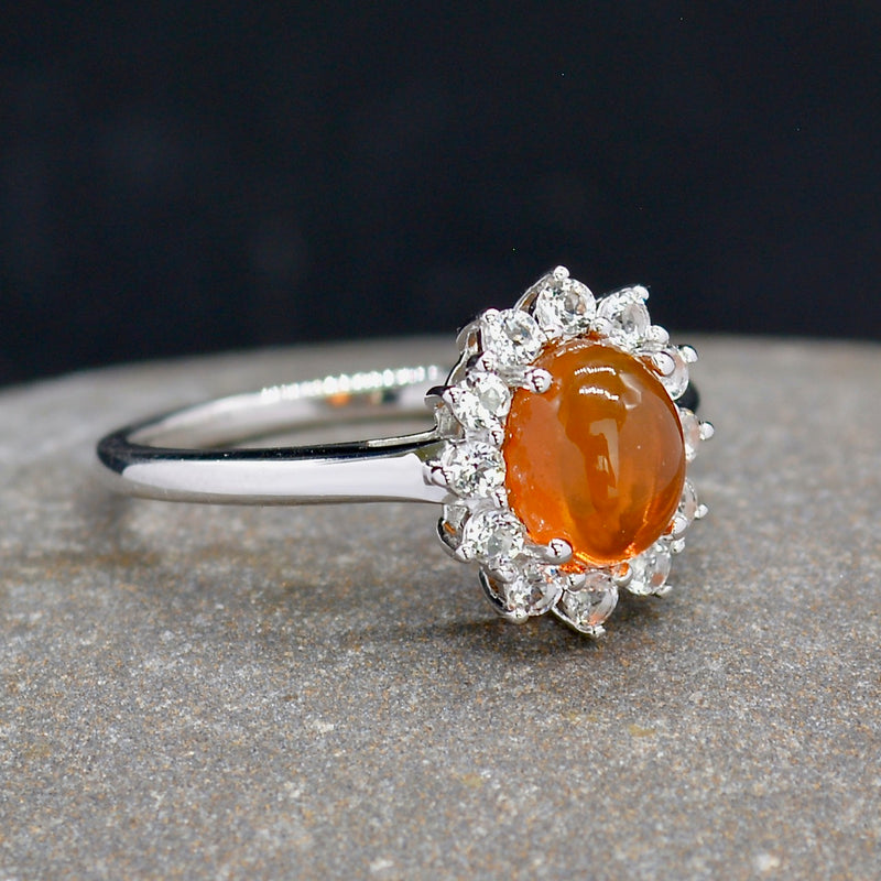 Natural American Fire Opal & White Topaz Halo Silver Ring