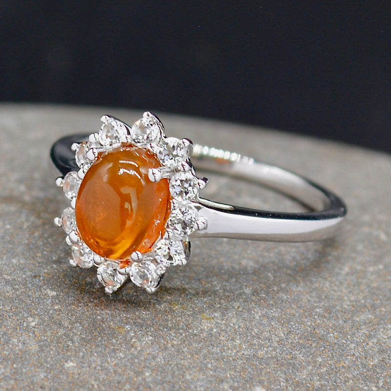 Natural American Fire Opal & White Topaz Halo Silver Ring