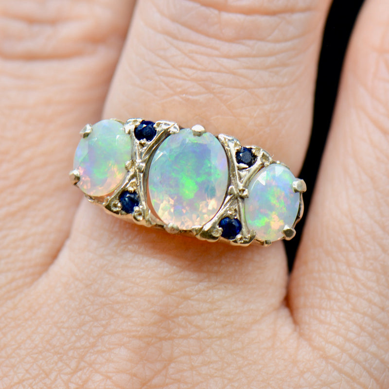 Large Vintage 9ct Yellow Gold Opal & Sapphire Gypsy Set Ring