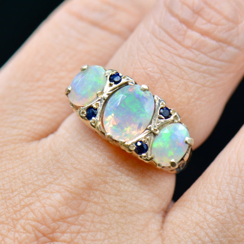 Large Vintage 9ct Yellow Gold Opal & Sapphire Gypsy Set Ring