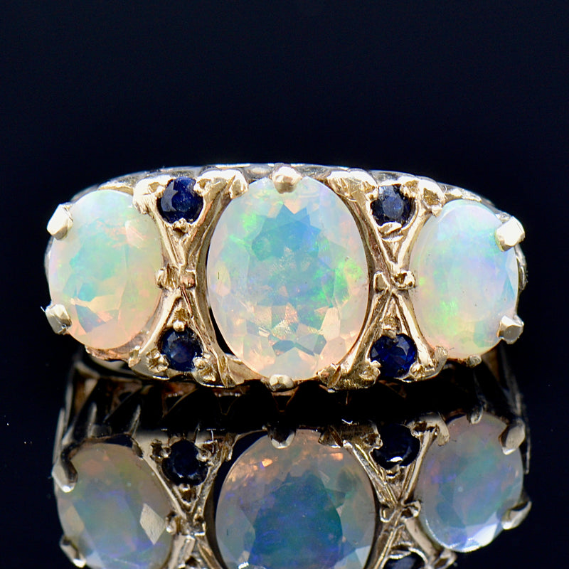 Large Vintage 9ct Yellow Gold Opal & Sapphire Gypsy Set Ring