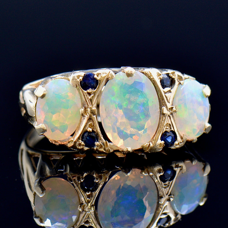 Large Vintage 9ct Yellow Gold Opal & Sapphire Gypsy Set Ring