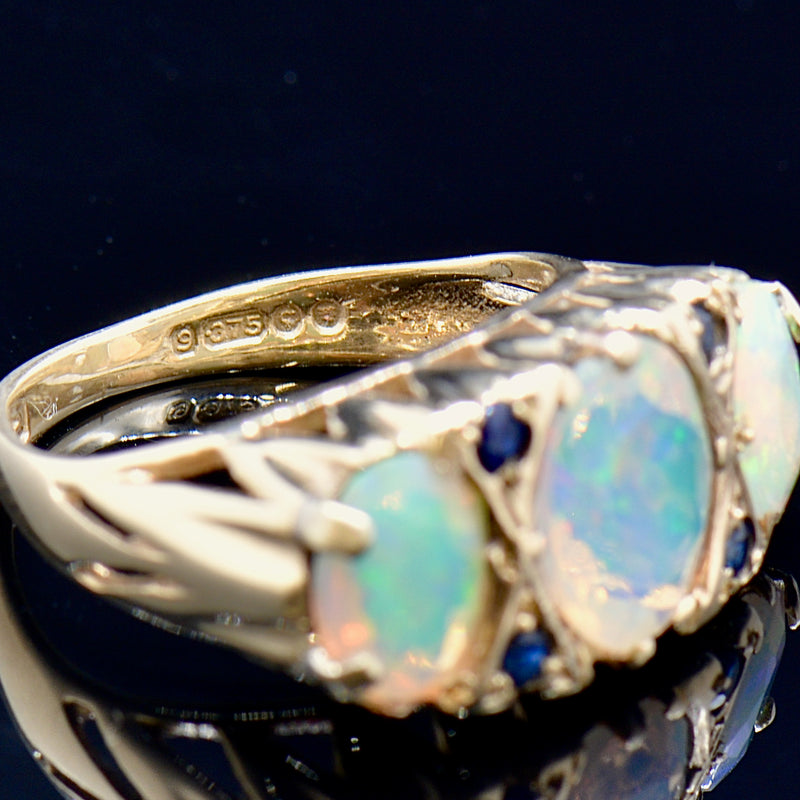 Large Vintage 9ct Yellow Gold Opal & Sapphire Gypsy Set Ring