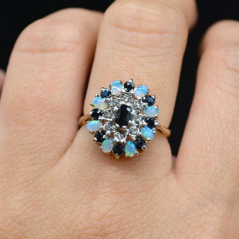 Vintage 9CT Yellow Gold Sapphire, Opal & Diamond Cluster Ring