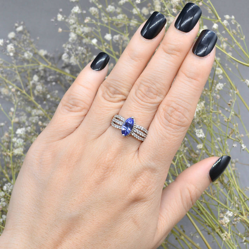 Tanzanite and White Zircons Silver Split Shoulders Design Ring